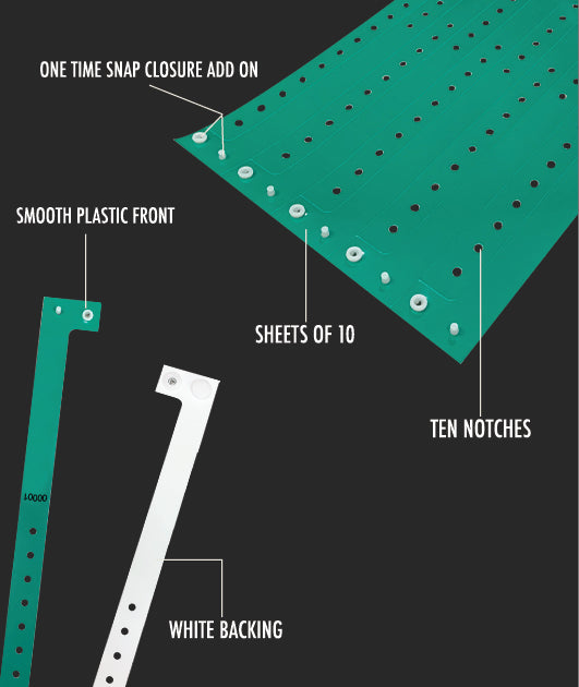 Plastic event wristbands with one-time snap closure, adjustable notches, and smooth waterproof surface for secure multi-day access control