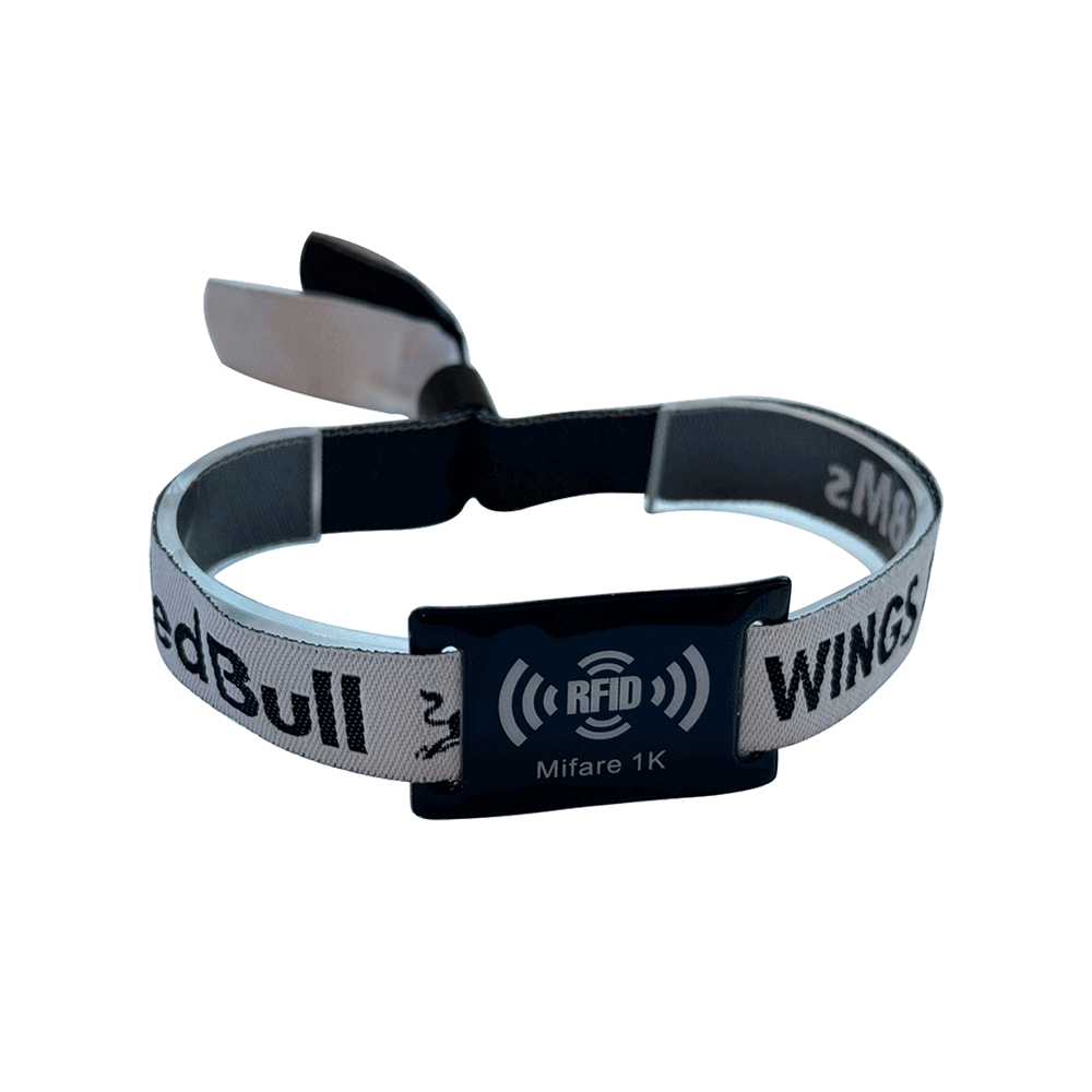 RFID cloth wristband with secure locking clasp for festivals and stadiums, premium branding, fast entry scanning, and cashless payments tracking