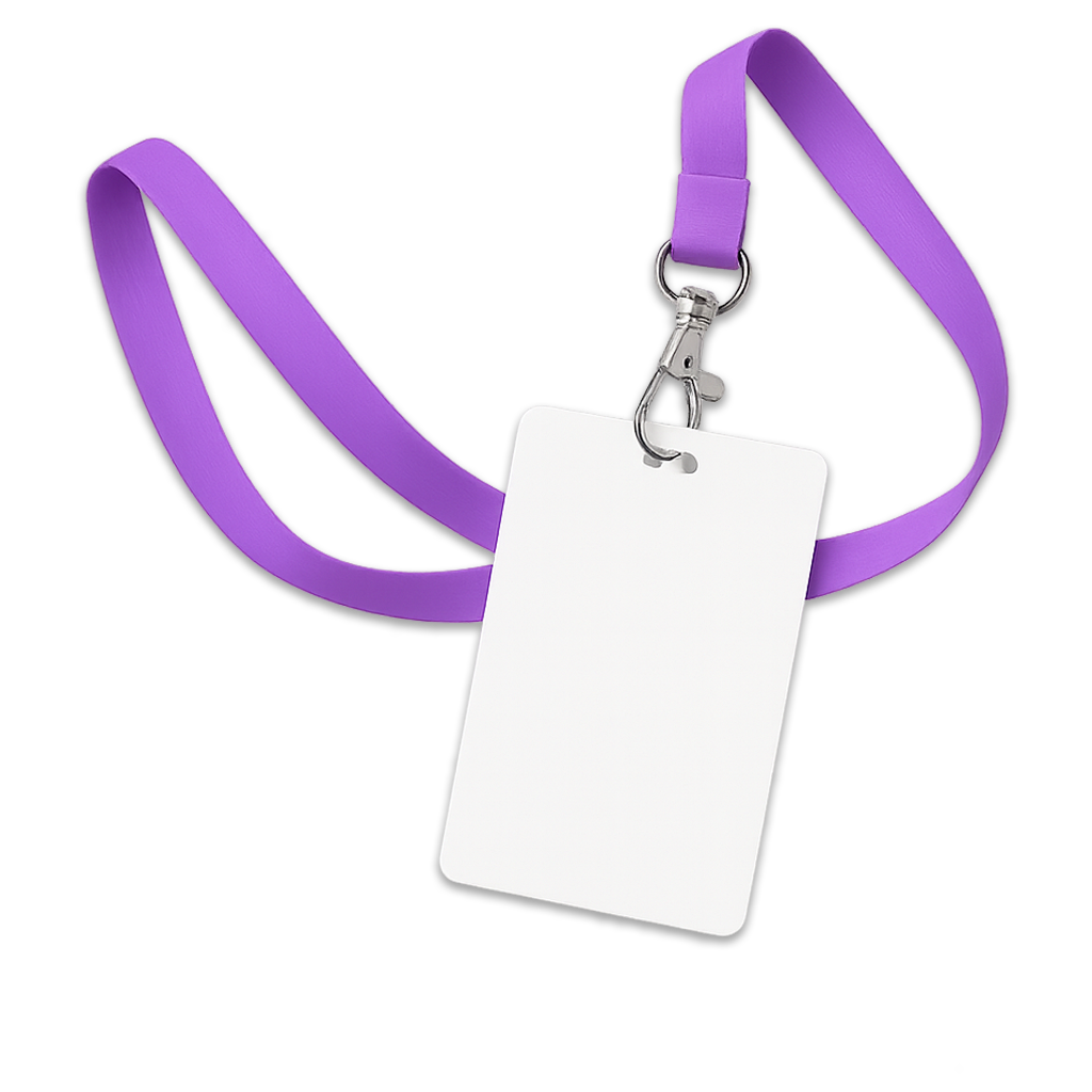 Purple lanyard with PVC ID card for secure credential display, visitor badges, and membership cards at events, schools, and offices