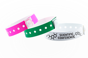 Custom plastic L-shape wristbands – secure event wristbands with long tab space for custom printing