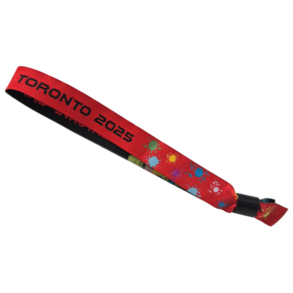Woven custom cloth wristband with textured logo design for multi-day festivals and secure entry