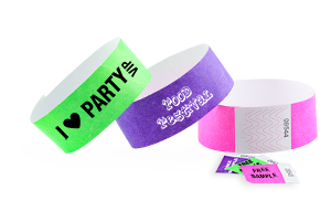 Custom printed Tyvek® wristbands with logo and text for disposable one-day event admissions and crowd control