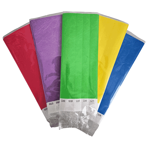 Bulk 100 pack of 3/4 inch Tyvek wristbands in assorted solid colors for event check-in