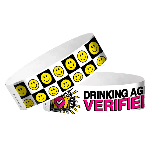 Pattern Tyvek® wristbands with “drinking age verified” design for quick visual ID at entry, bars, and festivals