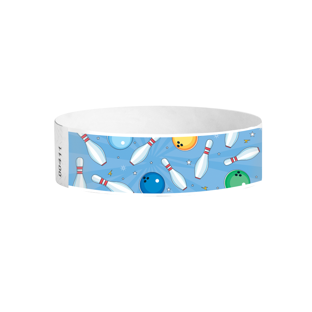 Bowling Fun blue full-color Tyvek wristbands – colourful bowling pattern wristbands for events