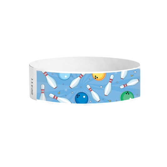 Bowling Fun blue full-color Tyvek wristbands – colourful bowling pattern wristbands for events