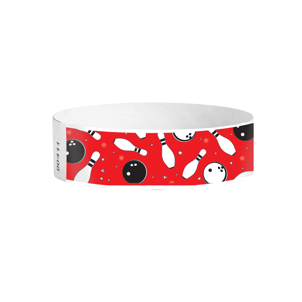 Bowling Fun red full-color pattern Tyvek wristbands – bright bowling-themed wristbands for parties and bowling attractions