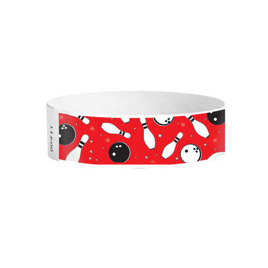 Bowling Fun red full-color pattern Tyvek wristbands – bright bowling-themed wristbands for parties and bowling attractions