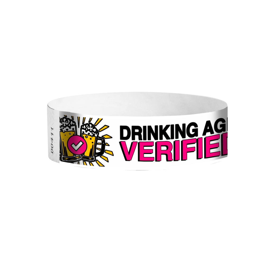 Drinking Age Verified pink beer glass pattern Tyvek wristbands – colourful age verification wristbands