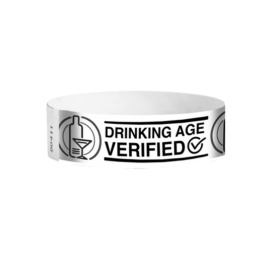 Drinking Age Verified cocktail glass pattern Tyvek wristbands – black and white age verification wristbands
