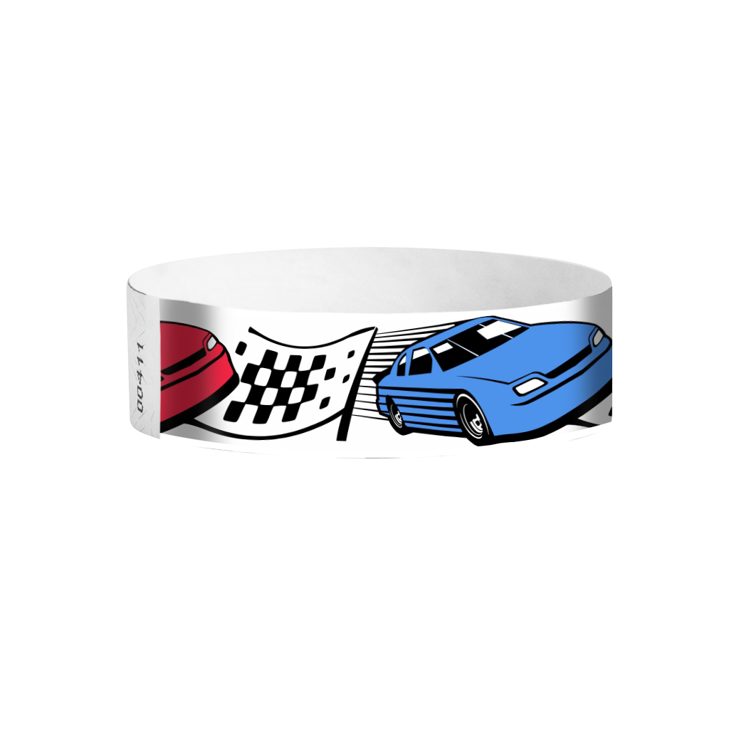 Fast Lane full-color racecar pattern Tyvek wristbands – vibrant racing wristbands for themed events
