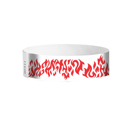 Flames Tyvek wristbands – red flame-pattern wristbands for parties and concerts