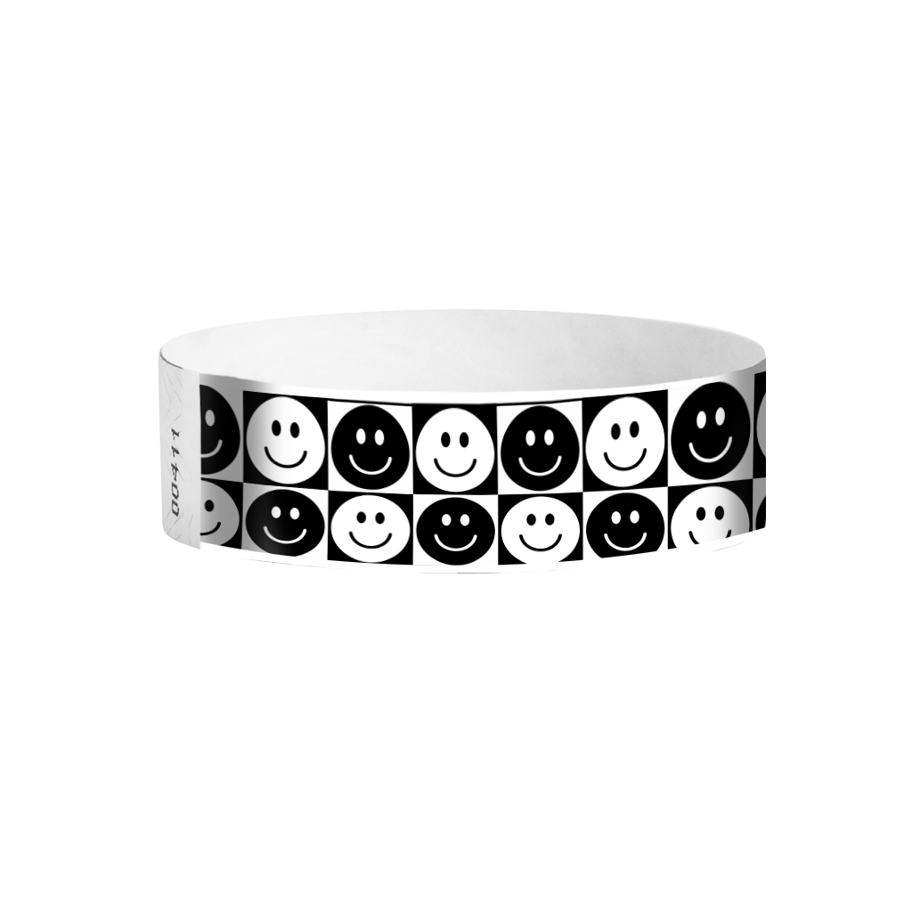 Checkered Happy Face Tyvek wristbands – black and white smiley pattern event wristbands