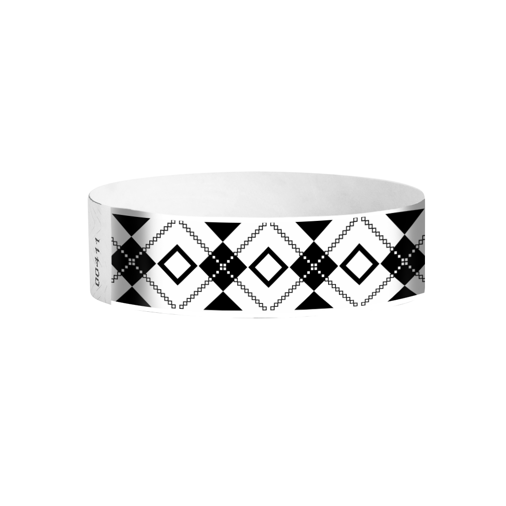 Interlaced Diamonds Tyvek wristbands – black and white geometric pattern event bands