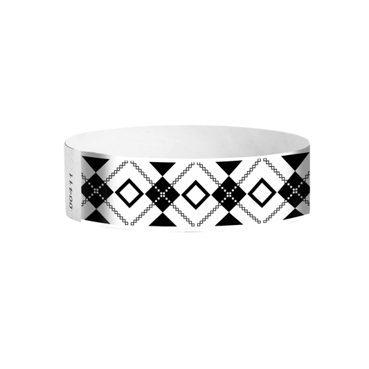 Interlaced Diamonds Tyvek wristbands – black and white geometric pattern event bands