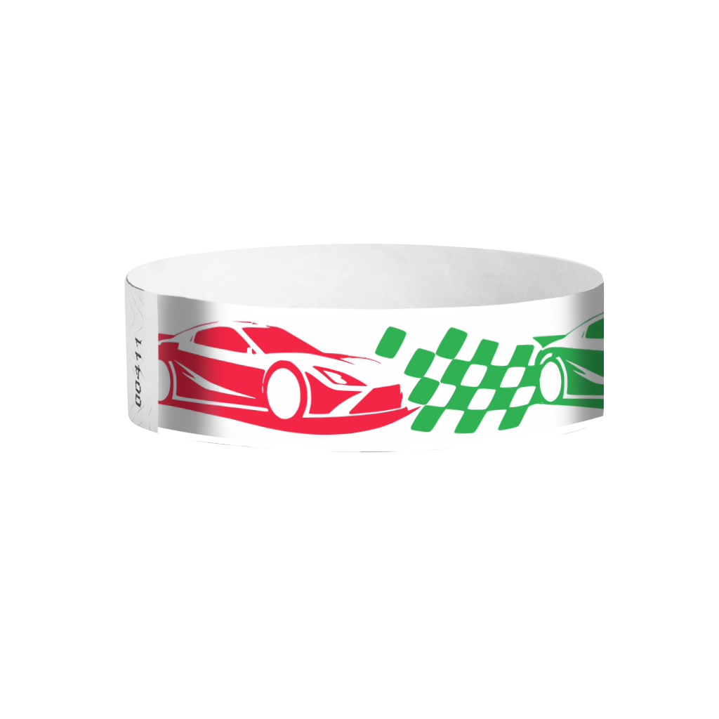 Race Day full-color racecar pattern Tyvek wristbands – colourful race event wristbands
