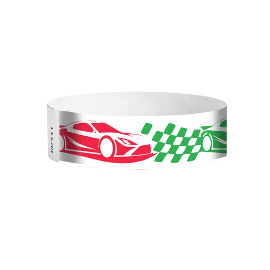 Race Day full-color racecar pattern Tyvek wristbands – colourful race event wristbands