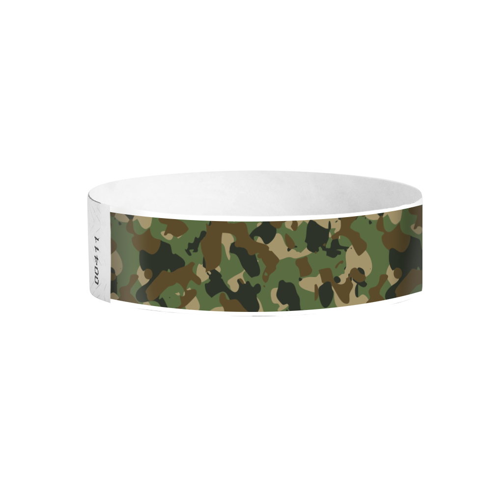 Recon camo pattern Tyvek wristbands – camouflage event wristbands for camps and outdoor venue