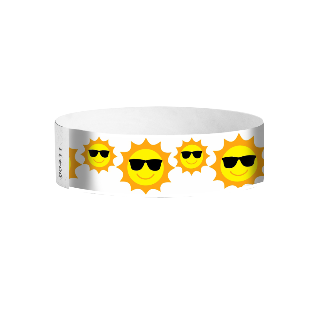 Sunfaces pattern full-color Tyvek wristbands – bright yellow smiley-face event wristbands for parties and festivals