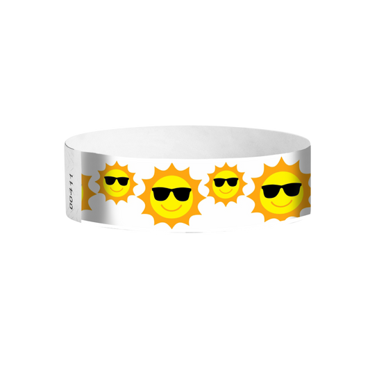 Sunfaces pattern full-color Tyvek wristbands – bright yellow smiley-face event wristbands for parties and festivals