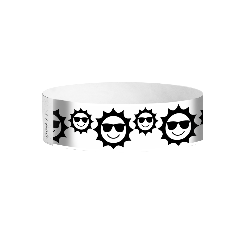 Sunfaces pattern Tyvek wristbands – black and white patterned smiley-face wristbands for events