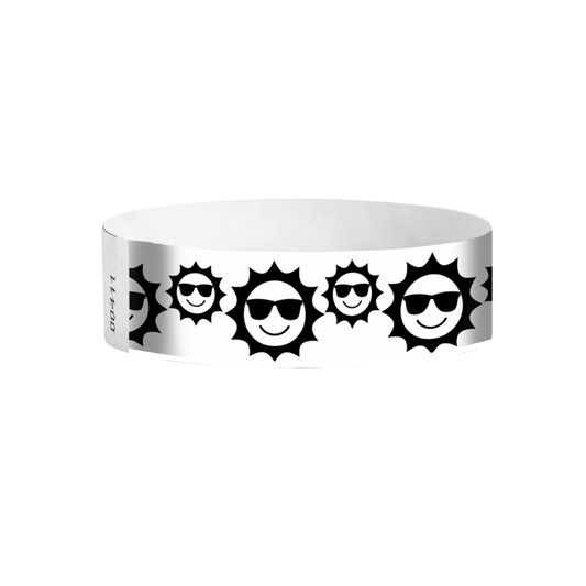 Sunfaces pattern Tyvek wristbands – black and white patterned smiley-face wristbands for events