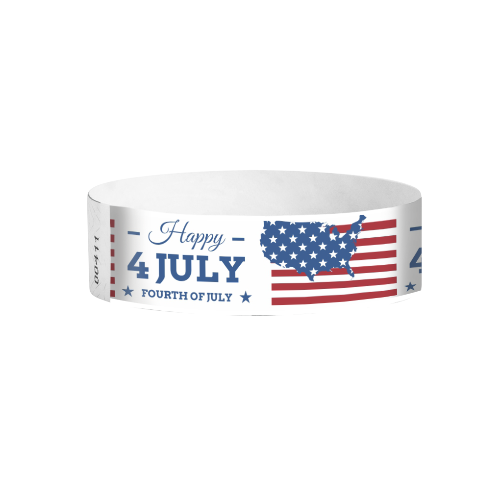 United We Stand “Happy 4 July” Tyvek® Wristbands (3/4") – Full Color