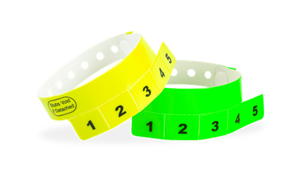 Custom vinyl 5-tab wristbands – multi-tab plastic event wristbands for drink tickets and redemption