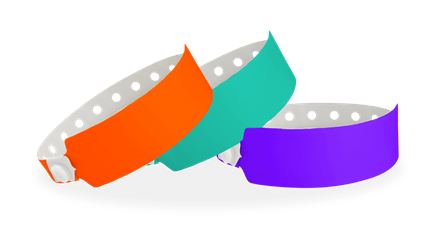 Wide face stock vinyl wristbands in bright colors with one-time snap closure for high-visibility admission control, VIP identification, and venue access management